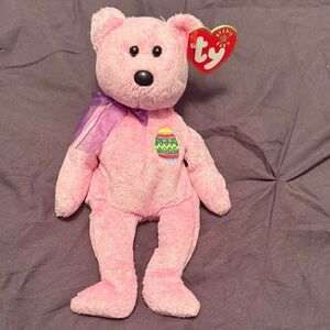 Ty Plush Pink Bear with Purple Ribbon- Eggs